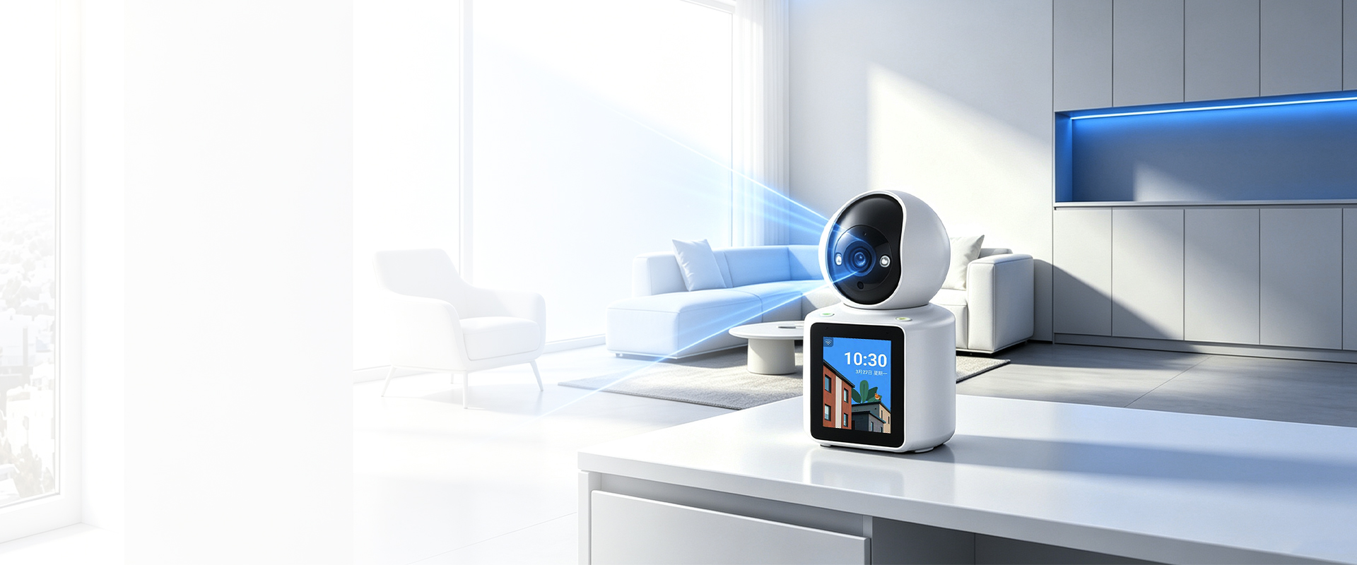 IM Cam video call camera in a bright living room